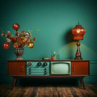 antico elegante, Vintage ▾ tv sta su legna tavolo, menta blu fondale evoca nostalgia per sociale media inviare dimensione ai generato foto