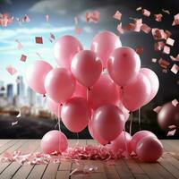 rosa festa delizia, 3d palloncini Inserisci fascino per Questo compleanno sfondo, offerta copia spazio per sociale media inviare dimensione ai generato foto