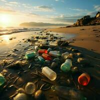plastica resti spargimento spiaggia, sottolineando ambientale danno causato di spiaggia inquinamento per sociale media inviare dimensione ai generato foto