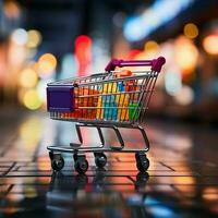 Al dettaglio prospettiva shopping carrello nel supermercato, impostato contro vivace memorizzare bokeh fondale per sociale media inviare dimensione ai generato foto