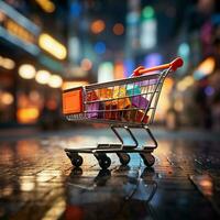 Al dettaglio appuntamento shopping carrello in mezzo sfocato memorizzare bokeh, simboleggiante dinamico shopping Esperienza per sociale media inviare dimensione ai generato foto