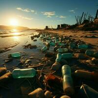 sabbioso distesa rovinato di scartato bottiglie e spazzatura, in mostra spiaggia inquinamenti danno per sociale media inviare dimensione ai generato foto