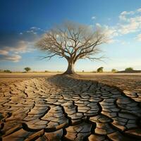 arido terra culle albero, illustrare clima i cambiamenti acqua crisi effetti in mezzo globale riscaldamento per sociale media inviare dimensione ai generato foto