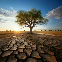 solitario albero cresce su Cracked terra, esemplificativo clima i cambiamenti siccità guidato conseguenze per sociale media inviare dimensione ai generato foto