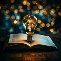 scintilla di idee raggiante lampadina al di sopra di libro simboleggia ispirazione, innovazione, e potenziato apprendimento per sociale media inviare dimensione ai generato foto