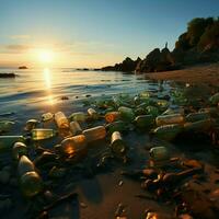 spazzatura cavalcato paesaggio marino, plastica bottiglie accentuando il urto di costiero inquinamento per sociale media inviare dimensione ai generato foto