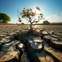 albero fiorisce su Cracked terra, significare acqua carenza dovuto per clima modificare per sociale media inviare dimensione ai generato foto