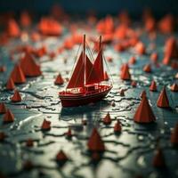 trionfante viaggio rosso barca conduce carta flottiglia su mondo carta geografica, simboleggiante collaborativo successo per sociale media inviare dimensione ai generato foto