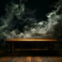 vacante legna tavolo, vorticoso Fumo su buio sfondo, un' tela per Prodotto presentazione per sociale media inviare dimensione ai generato foto