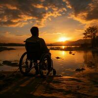sedia a rotelle silhouette, impostato contro il fondale di un' tramonto, irradia determinazione per sociale media inviare dimensione ai generato foto