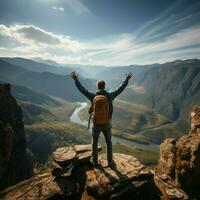 indietro Visualizza di giovane sottile zaino in spalla turista uomo con sollevato braccia in piedi su roccioso in viaggio e arrampicata concetto per sociale media inviare dimensione ai generato foto