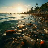 spiaggia inquinamento raffigurato con plastica bottiglie e spazzatura littering il litorale per sociale media inviare dimensione ai generato foto