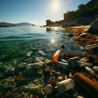 spiaggia inquinamento raffigurato con plastica bottiglie e spazzatura littering il litorale per sociale media inviare dimensione ai generato foto