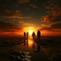 cieco individui con canne mossa in direzione il tramonto, simboleggiante loro determinato viaggio per sociale media inviare dimensione ai generato foto