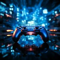 blu tonica virtuale mondo telecomando da gioco vicino su, in ritardo notte gioco sessione diventa immersiva per sociale media inviare dimensione ai generato foto