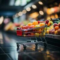 vivace mercato shopping carrello nel supermercato, impostato contro vivace sfocato memorizzare bokeh per sociale media inviare dimensione ai generato foto