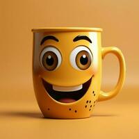 allegro caffè tazza personaggio sorridendo, impostato su giallo fondale ampio copia la zona per sociale media inviare dimensione ai generato foto