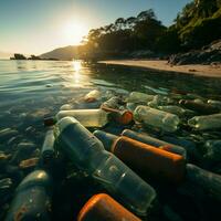 costiero la zona disseminato con plastica bottiglie e sciupare, raffigurante conseguenze di spiaggia inquinamento per sociale media inviare dimensione ai generato foto