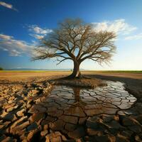 siccità colpito suolo orsi solitario albero, raffigurante clima i cambiamenti acqua carenza urto per sociale media inviare dimensione ai generato foto