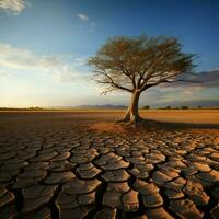 siccità colpito suolo orsi solitario albero, raffigurante clima i cambiamenti acqua carenza urto per sociale media inviare dimensione ai generato foto