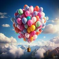 fantasia aereo volare e galleggiante nel cielo con mazzo di colorato palloncini per sociale media inviare dimensione ai generato foto