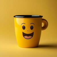 adorabile caffè tazza personaggio su giallo sfondo, sportivo un' sorriso copia amichevole atmosfera per sociale media inviare dimensione ai generato foto