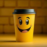adorabile caffè tazza personaggio su giallo sfondo, sportivo un' sorriso copia amichevole atmosfera per sociale media inviare dimensione ai generato foto