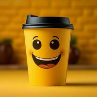 adorabile caffè tazza personaggio su giallo sfondo, sportivo un' sorriso copia amichevole atmosfera per sociale media inviare dimensione ai generato foto