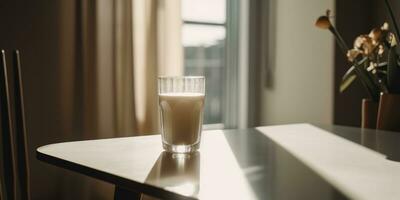 un' bicchiere di latte è su il tavolo. generativo ai foto