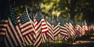 America giorno, Rose e del soldato stivali su il sfondo di il americano bandiera. generativo ai foto