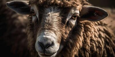 carino contento agnello su il campo, pecore. generativo ai foto