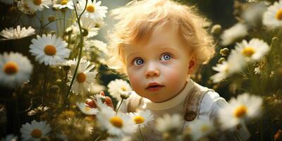 carino europeo bambino nel camomilla campo. generativo ai foto