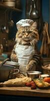 divertente gatto prepara cibo nel il cucina. generativo ai foto
