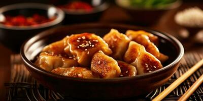 delizioso piatto Cinese fritte Ravioli nel un' Cinese ristorante. generativo ai foto