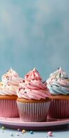 delizioso cupcakes. appetitoso cupcakes su un' pastello sfondo. generativo ai foto