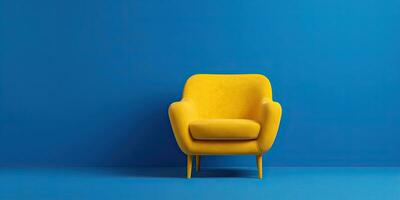 giallo poltrona su un' blu sfondo. minimalismo. posto per testo. generativo ai foto