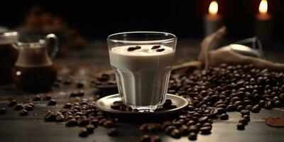tazza di caffè con latte su il tavolo avvicinamento. spruzzi di caffè e latte. generativo ai foto