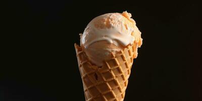 delizioso, appetitoso ghiaccio crema nel un' cono, avvicinamento. generativo ai foto