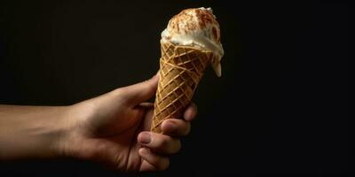 delizioso, appetitoso ghiaccio crema nel un' cono, avvicinamento. generativo ai foto