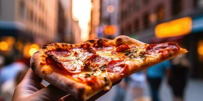 un' pezzo di Pizza avvicinamento nel il mano su il sfondo di il città. generativo ai foto