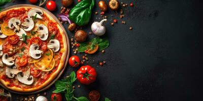 gustoso italiano Pizza avvicinamento. Visualizza a partire dal sopra. posto per testo. generativo ai foto