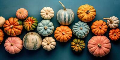 molti diverso zucche su un' pastello sfondo per il vacanza Halloween giorno. posto per testo. generativo ai foto