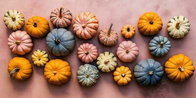 molti diverso zucche su un' pastello sfondo per il vacanza Halloween giorno. posto per testo. generativo ai foto