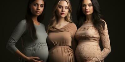 tre incinta ragazze di diverso nazionalità, avvicinamento. generativo ai foto