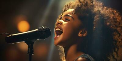 africano poco bambino canta in un' microfono. generativo ai foto