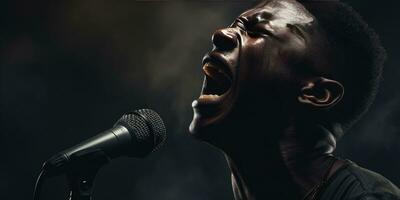 africano uomo canta nel karaoke. generativo ai foto