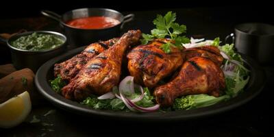 il nazionale piatto di India, tandoori pollo. piatto avvicinamento. generativo ai foto