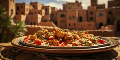 il nazionale piatto di Arabia arabia, il kasbah. piatto avvicinamento. generativo ai foto