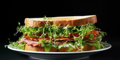 Sandwich su un' piatto avvicinamento. corretto prima colazione. generativo ai foto