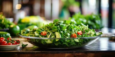 fresco verdura avvicinamento. rugiada gocce su le foglie. verdura su il tavolo. vegetariano tema. generativo ai foto